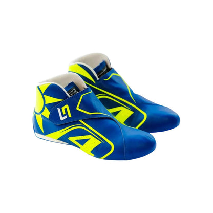 Blue and yellow Lando Norris 2023 F1 Racing shoes on a white background