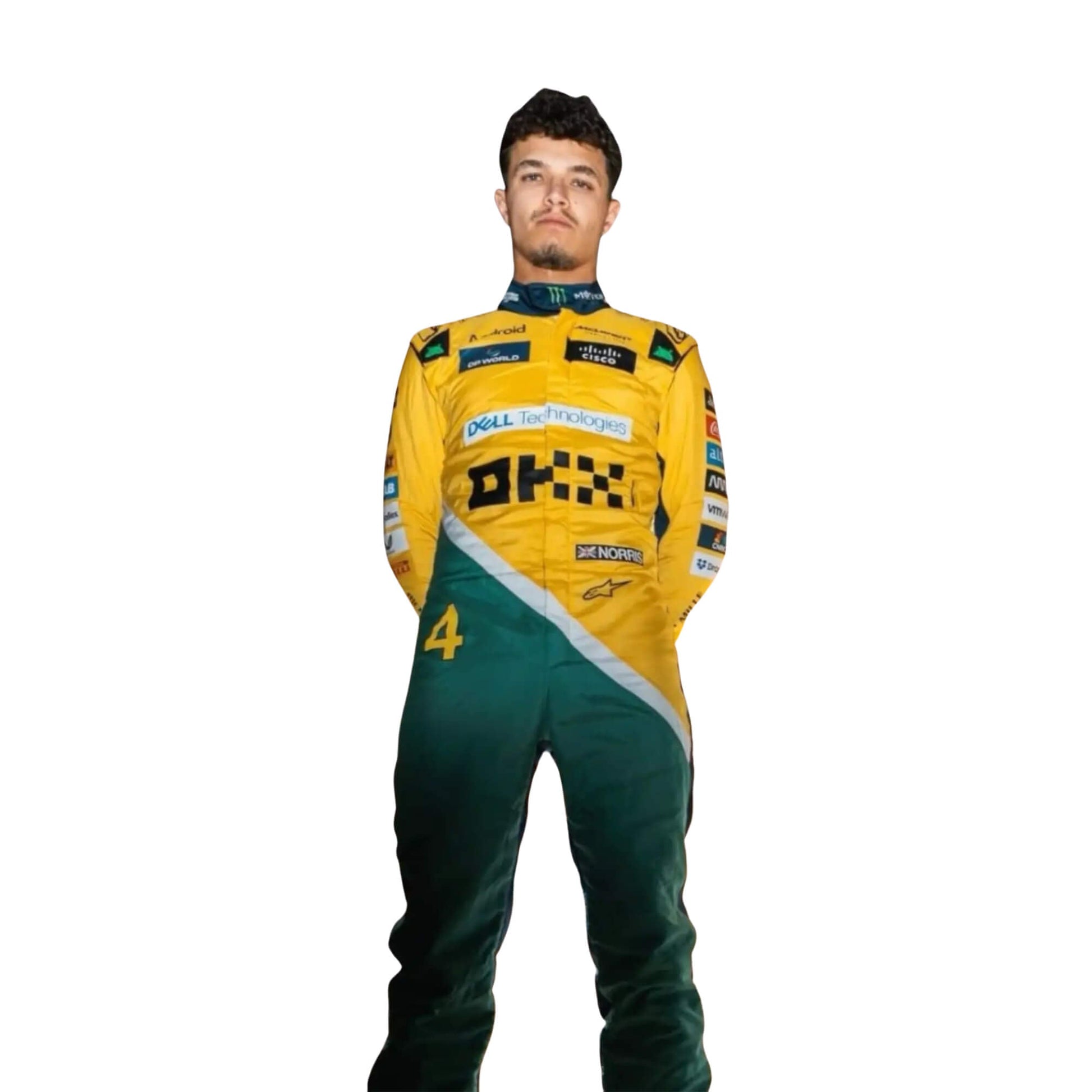 Lando Norris standing confidently in his 2024 Monaco Grand Prix racing suit, front view showcasing a vibrant design with yellow, green, and blue hues