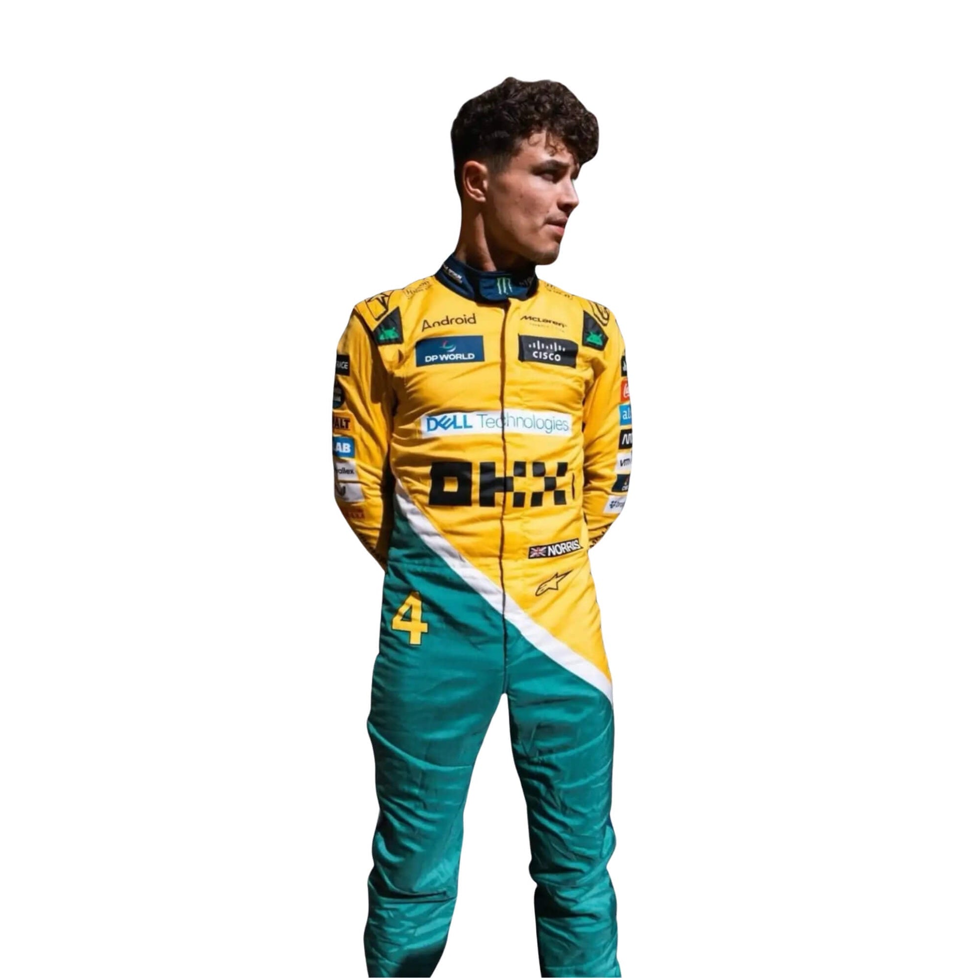 Side profile of Lando Norris in his 2024 Monaco Grand Prix racing suit, displaying the ergonomic fit and the interplay of yellow, green, and blue fabrics, enhanced by subtle detailing along the side seams.