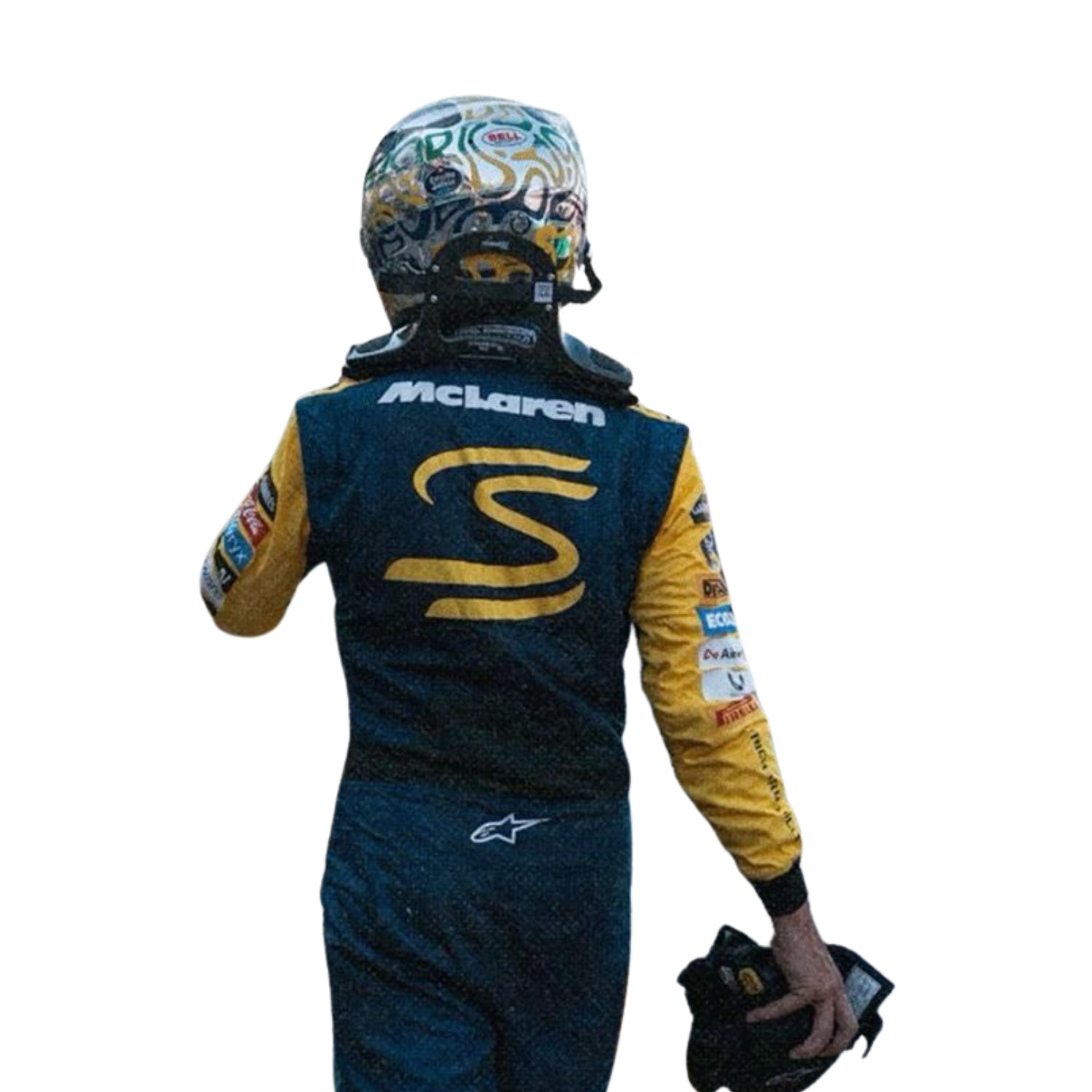 Rear view of Lando Norris's 2024 Monaco Grand Prix racing suit, highlighting the continuation of the yellow, green, and blue color scheme