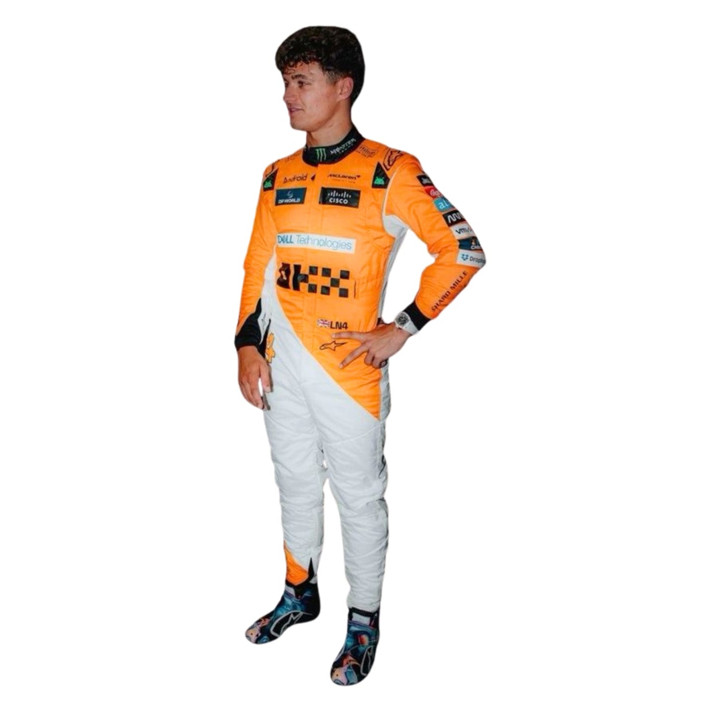 Lando Norris 2024 Singapore GP papaya orange F1 racing suit front view with detailed accents