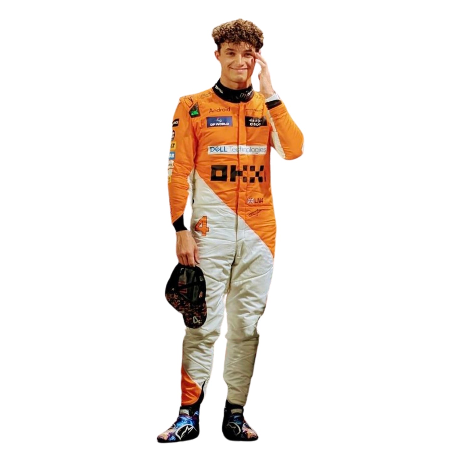 Lando Norris 2024 Singapore GP papaya orange F1 racing suit front view with detailed accents