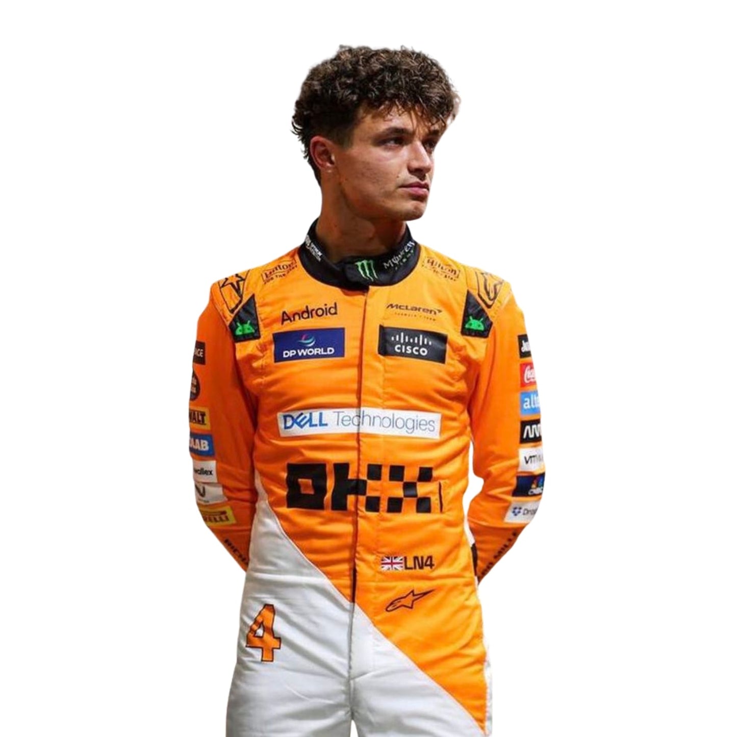 Detailed stitching and logo placement on Lando Norris 2024 Singapore GP papaya F1 suit