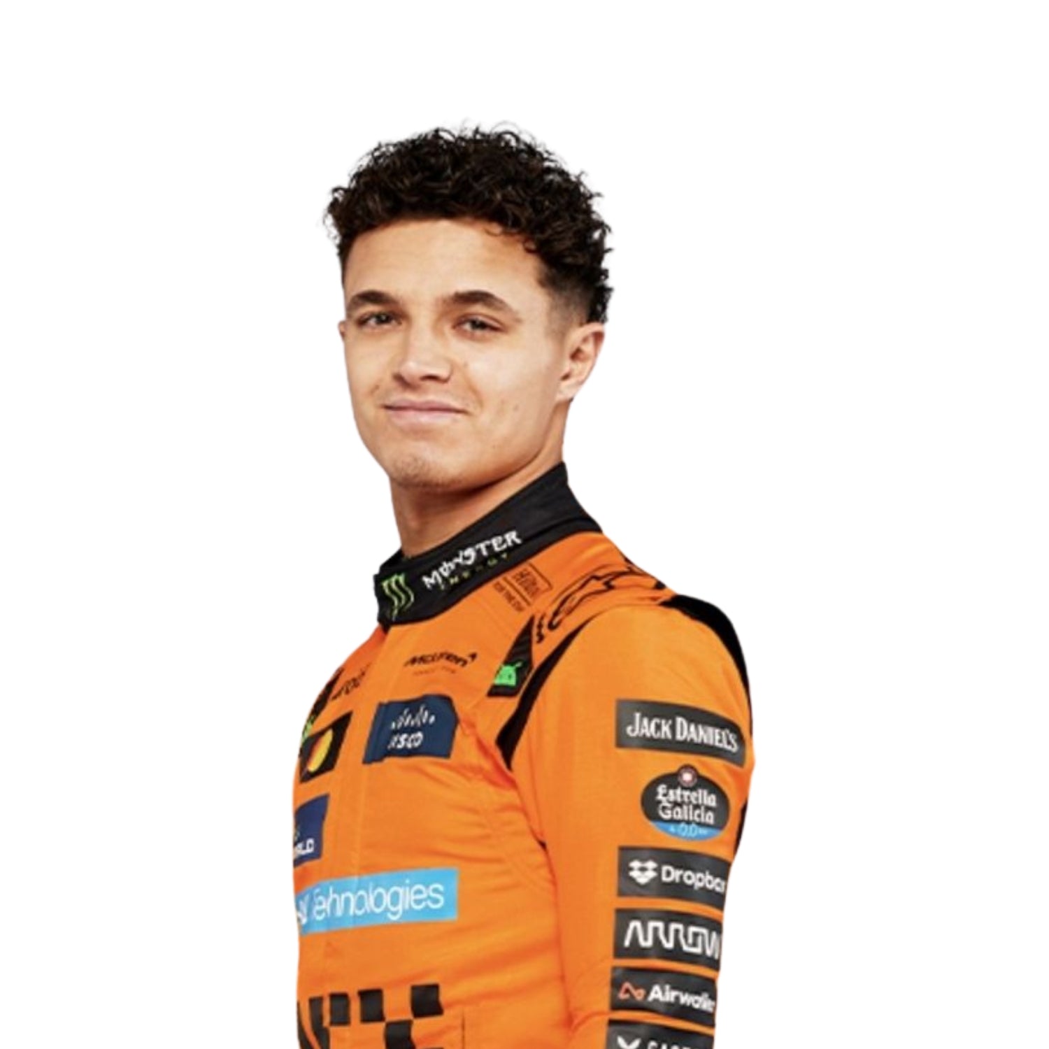 Close-up of the fire-resistant fabric of Lando Norris 2025 F1 racing suit, highlighting its breathable texture and high-quality finish in McLaren colors.

