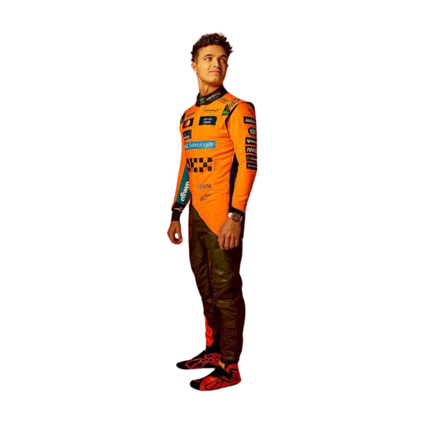 Side profile of Lando Norris 2025 F1 racing suit showcasing the streamlined fit, lightweight material, and McLaren color scheme.