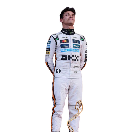 Front view of the 2025 Monaco GP white race suit worn by Lando Norris featuring classic black number in circle on a retro-inspired all-white base.