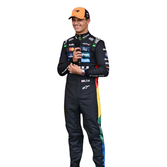 Lando Norris 2025 Silverstone GP black F1 racing suit front view.