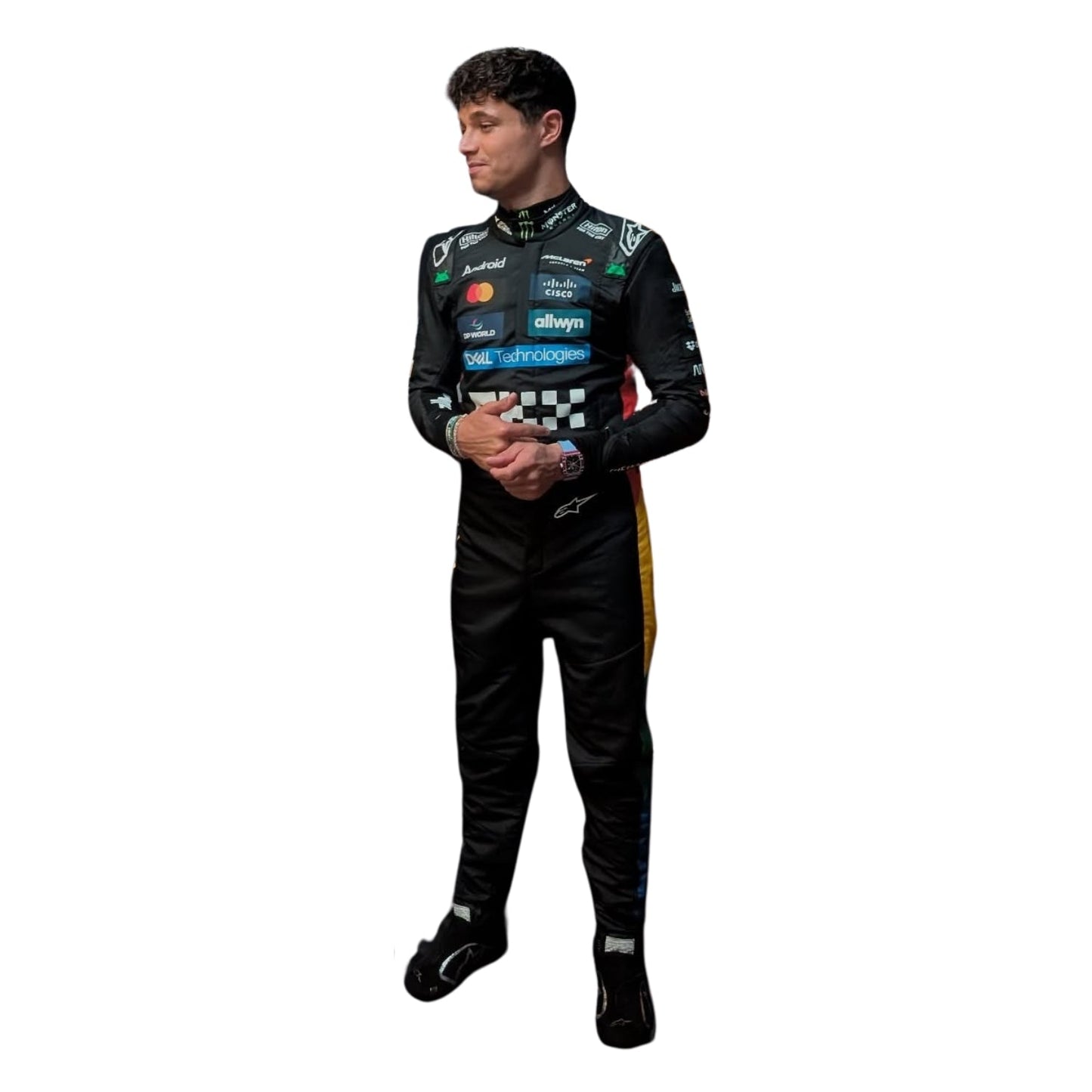 lando Norris wearing a black racing suit with various logos on a white background