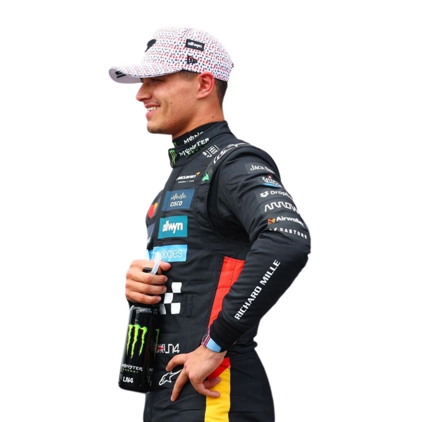Lando Norris, wearing a racing suit with various sponsor logos, holding a bottle.
Side angle of Lando Norris 2025 British GP F1 costume