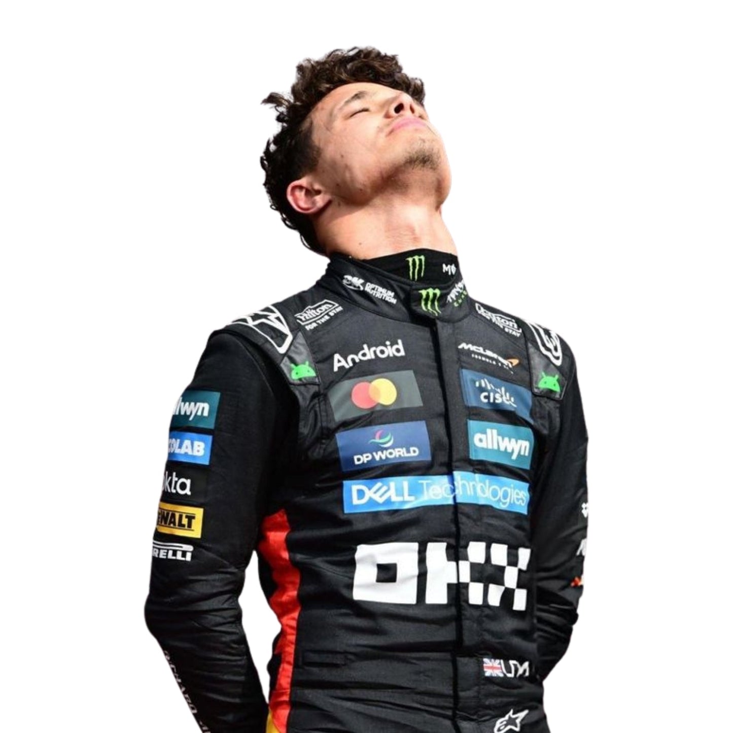 Close-up of stitching and design on Lando Norris' 2025 Silverstone GP wearing a black racing suit with various brand logos on a white background