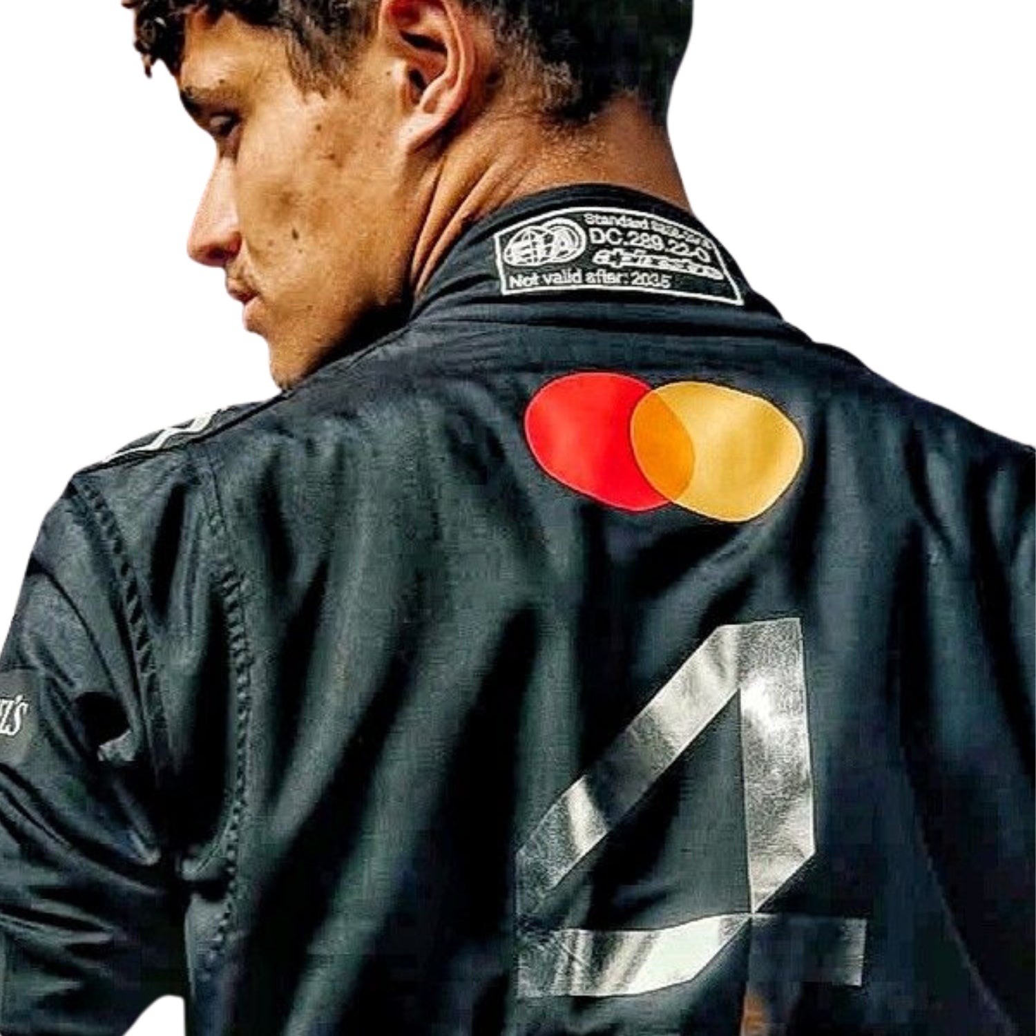 Lando Norris 2025 Silverstone papaya racing suit back profile showing sponsor and number layout, wearing a black racing suit with Mastercard and Visa logos on the back