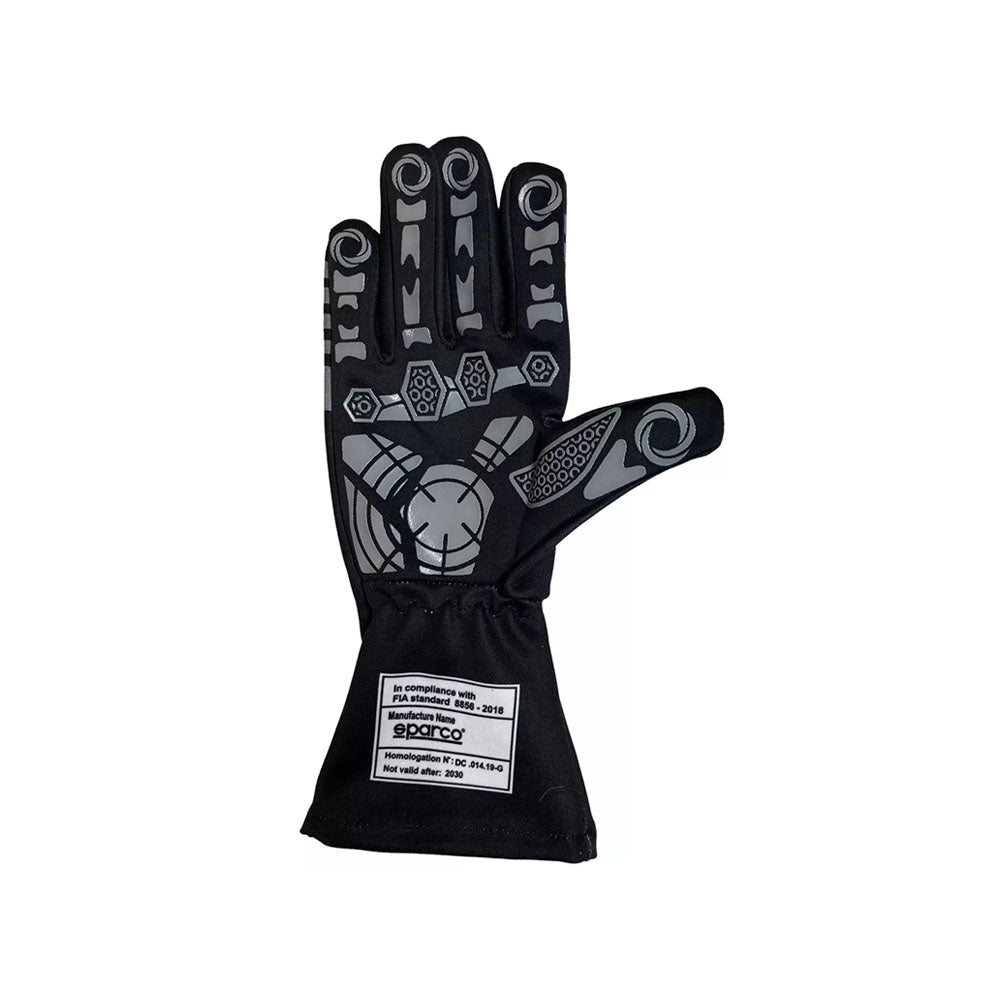 Black Lando Norris F1 racing glove with gray patterns on a white background
