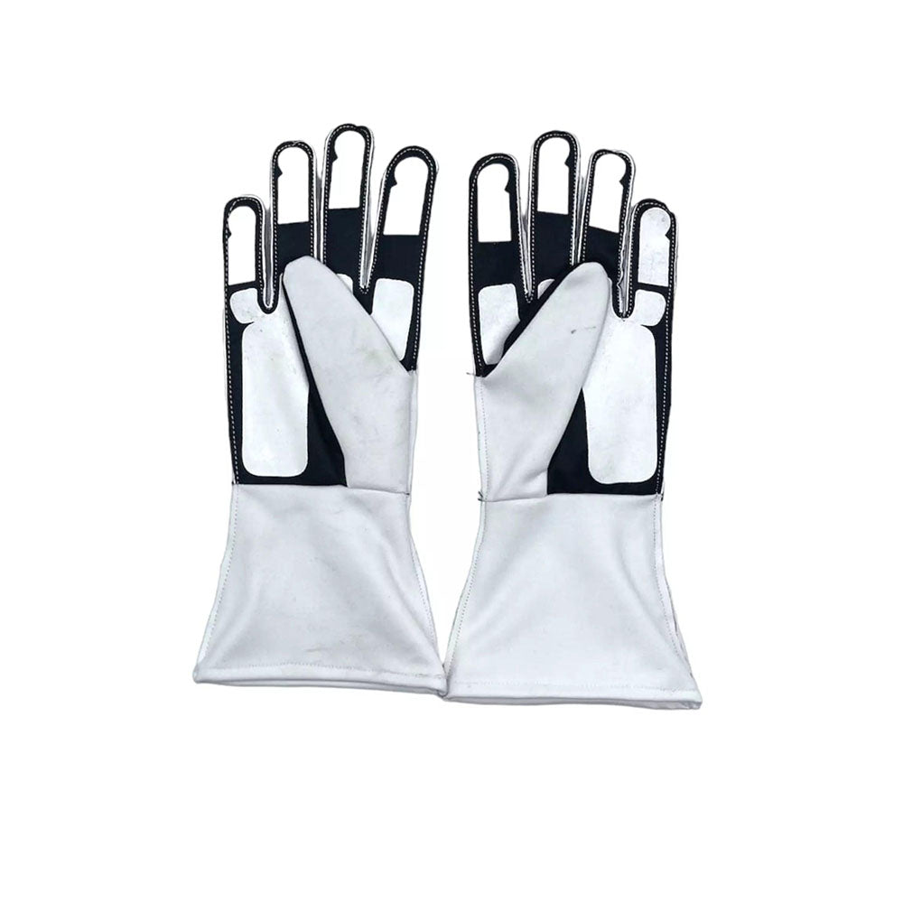Pair of white Lewis Hamilton 2018 F1 racing gloves with black accents on a white background