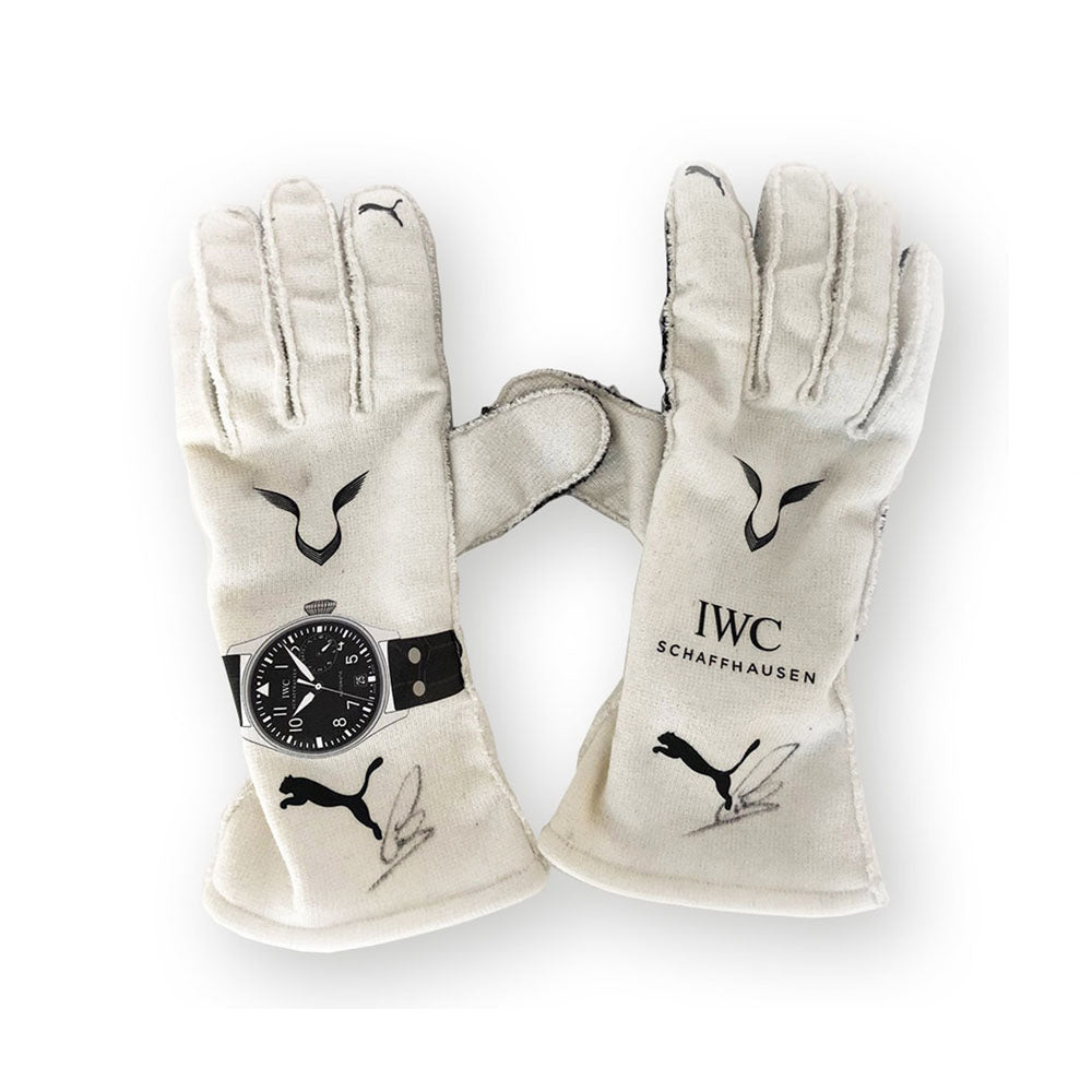 Pair of white Lewis Hamilton 2019 F1 Racing gloves with IWC Schaffhausen branding and a watch design on a white background