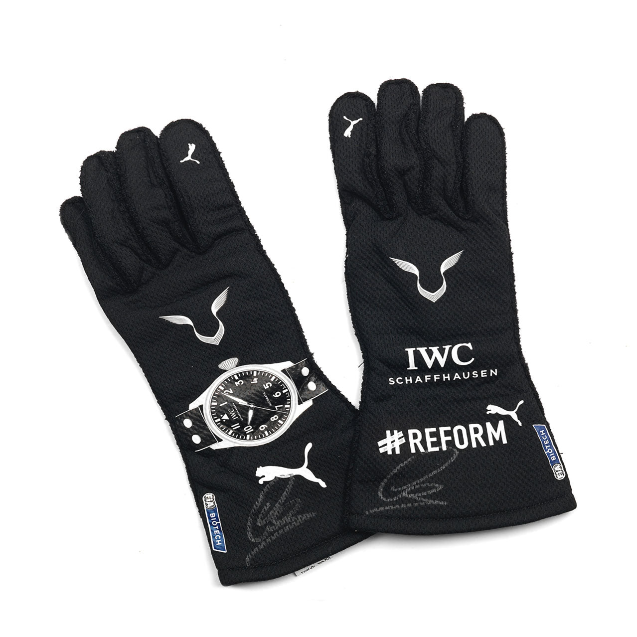 Black Lewis Hamilton 2021 F1 Racing gloves with IWC and Reform branding on a white background