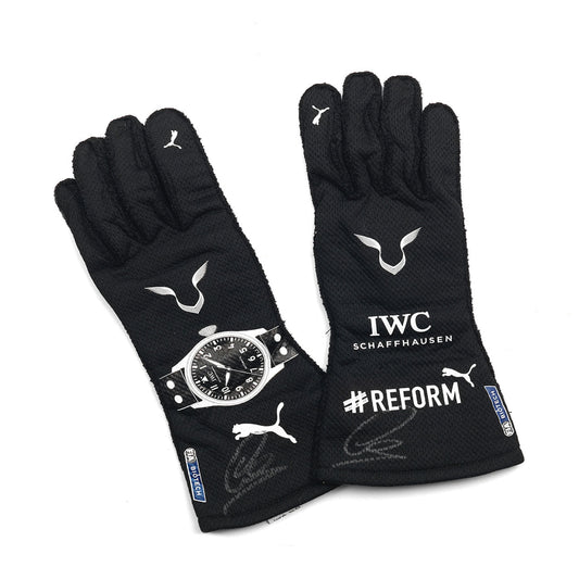 Black Lewis Hamilton 2021 F1 Racing gloves with IWC and Reform branding on a white background