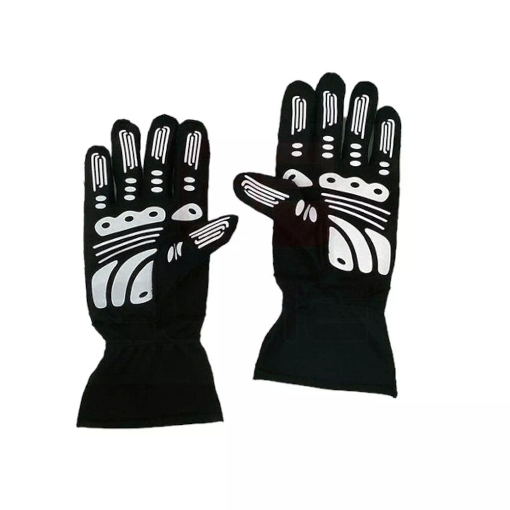 Black Lewis Hamilton 2021 F1 Racing gloves with white skeleton design on a white background