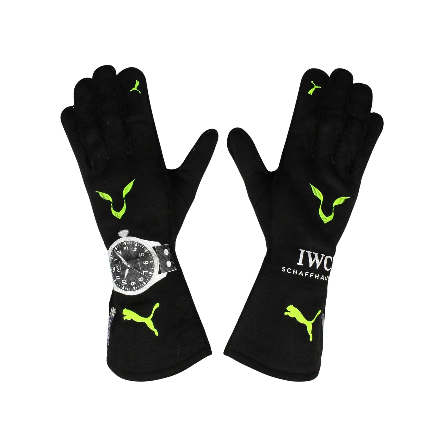 Black Lewis Hamilton 2022 F1 Racing gloves with green accents and a watch on a white background