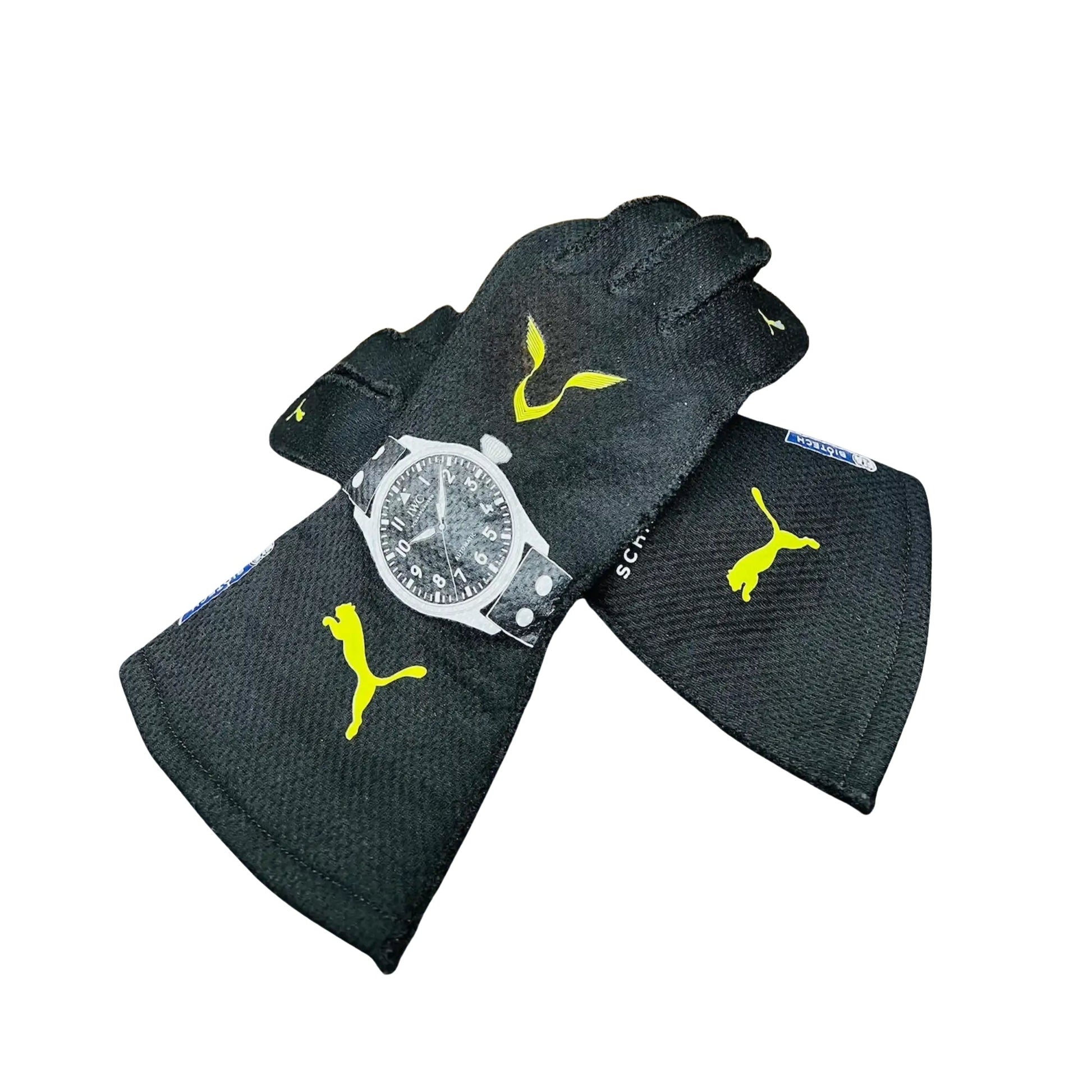 Black Lewis Hamilton 2022 F1 racing gloves with yellow Puma logo and a watch on a white background