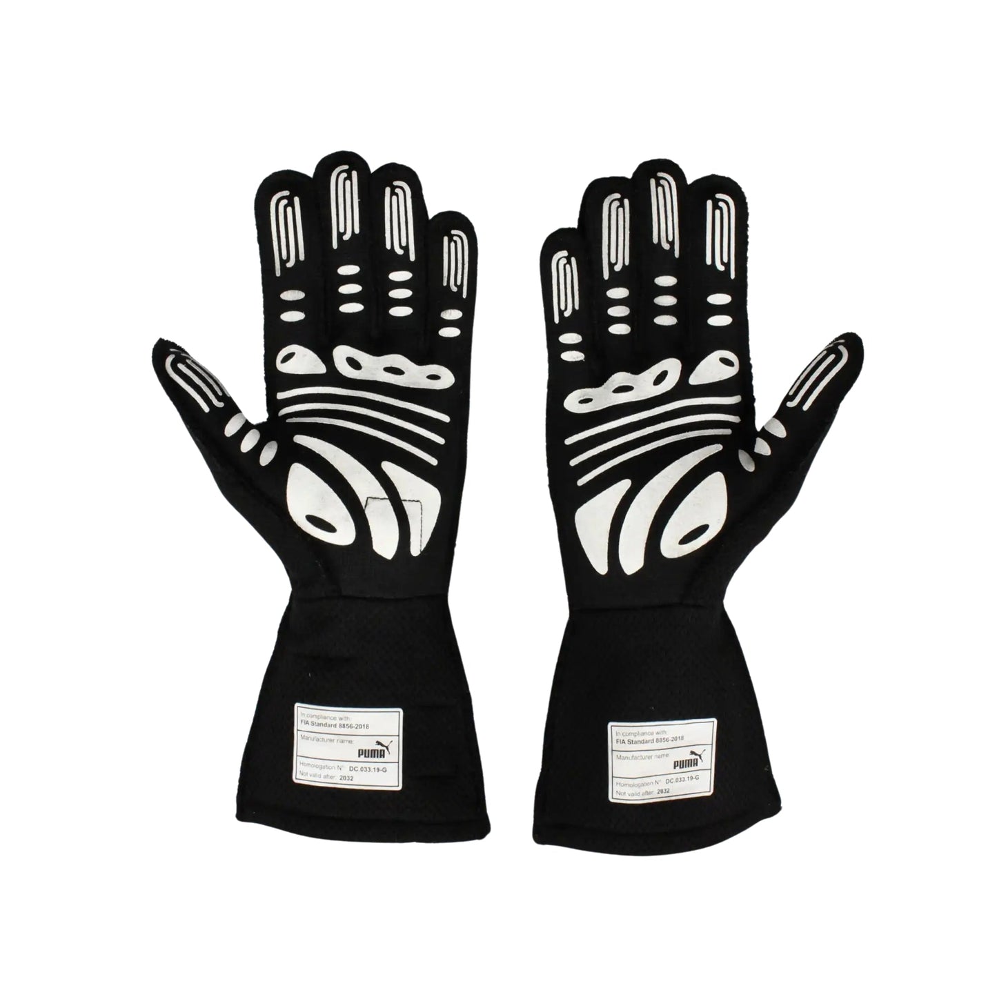 Pair of black Lewis Hamilton 2022 F1 racing gloves with white patterns on a white background