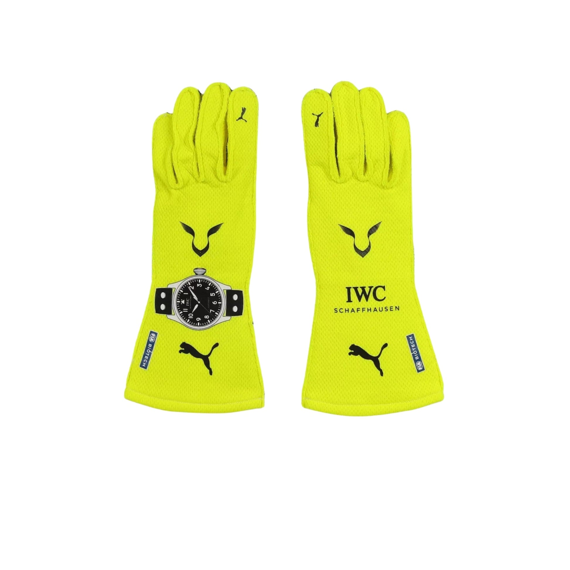 Pair of yellow Lewis Hamilton 2023 F1 Racing gloves with IWC logo on a white background