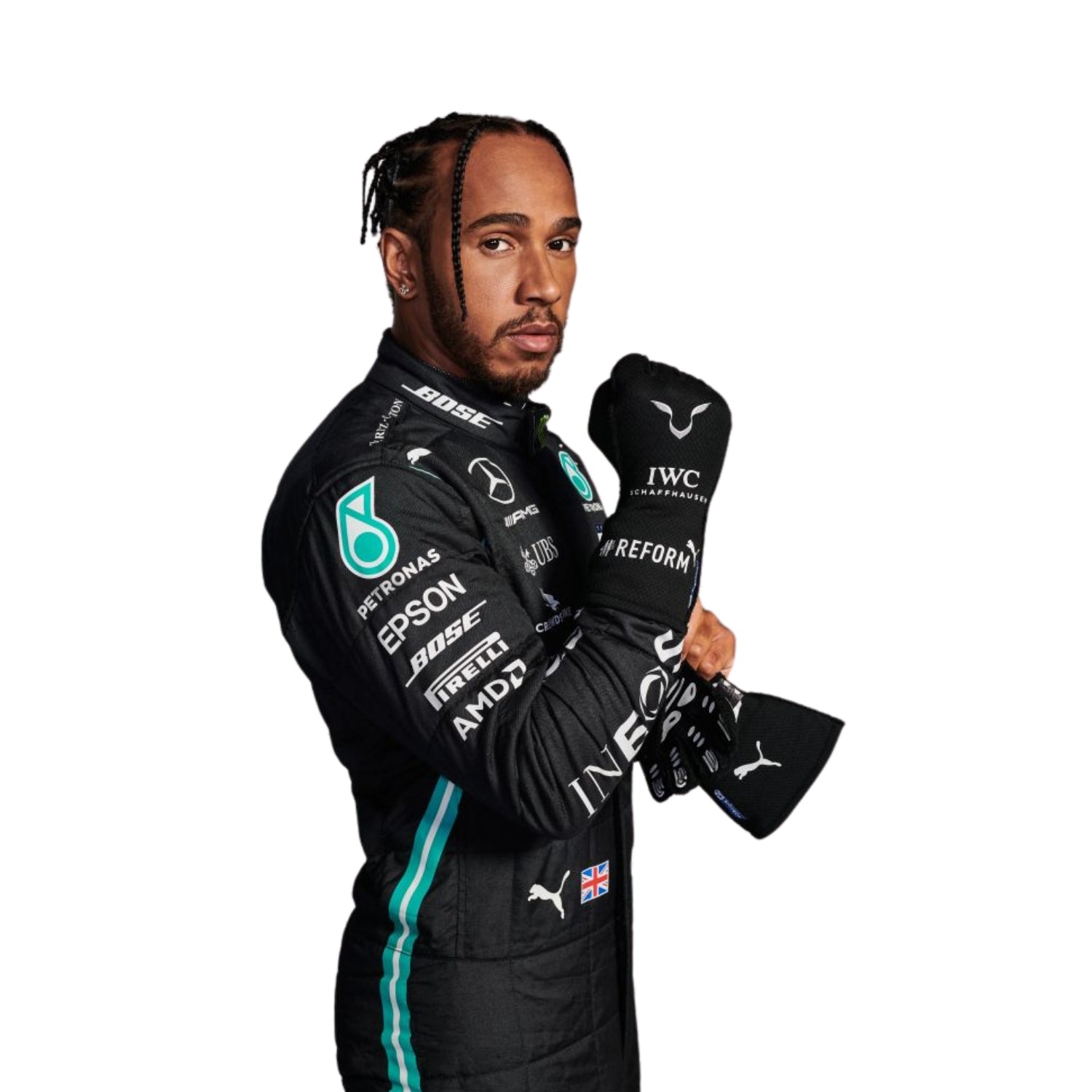 Lewis Hamilton's 2024 side profile view: sleek black base with turquoise accents, featuring a modern design with subtle detailing on the chest and arms