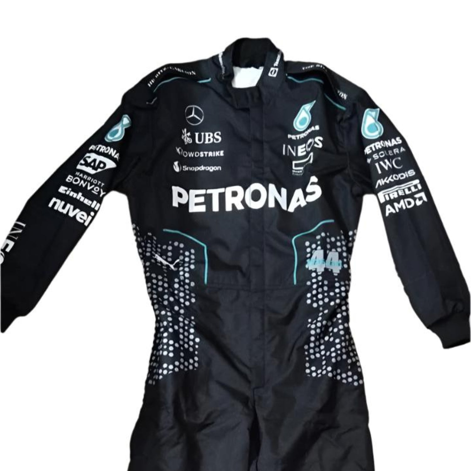 Lewis Hamilton's 2024 F1 racing suit, front close up view: sleek black base with turquoise accents, featuring a modern design with subtle detailing on the chest and arms.