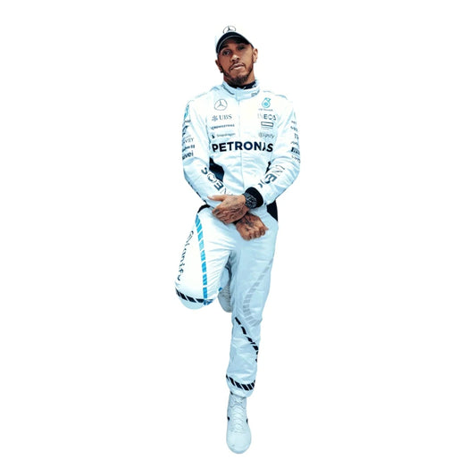 Lewis Hamilton 2024 Qatar GP white F1 racing suit front design with bold detailing