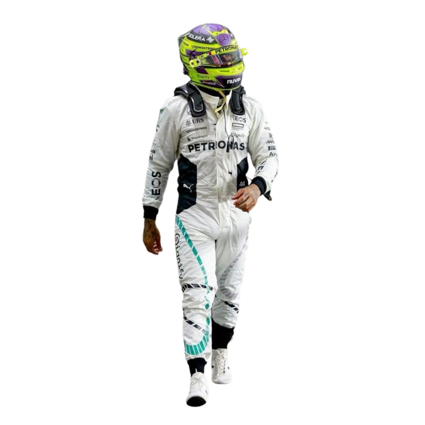 Lewis Hamilton 2024 Qatar GP white F1 racing suit front design with bold detailing