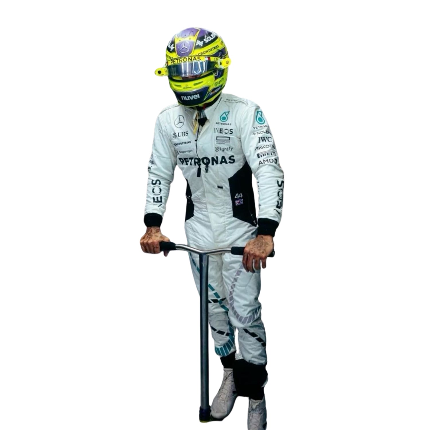 Lewis Hamilton 2024 Qatar GP white F1 racing suit front design with bold detailing