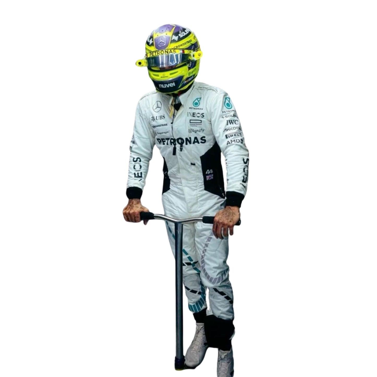 Lewis Hamilton 2024 Qatar GP white F1 racing suit front design with bold detailing