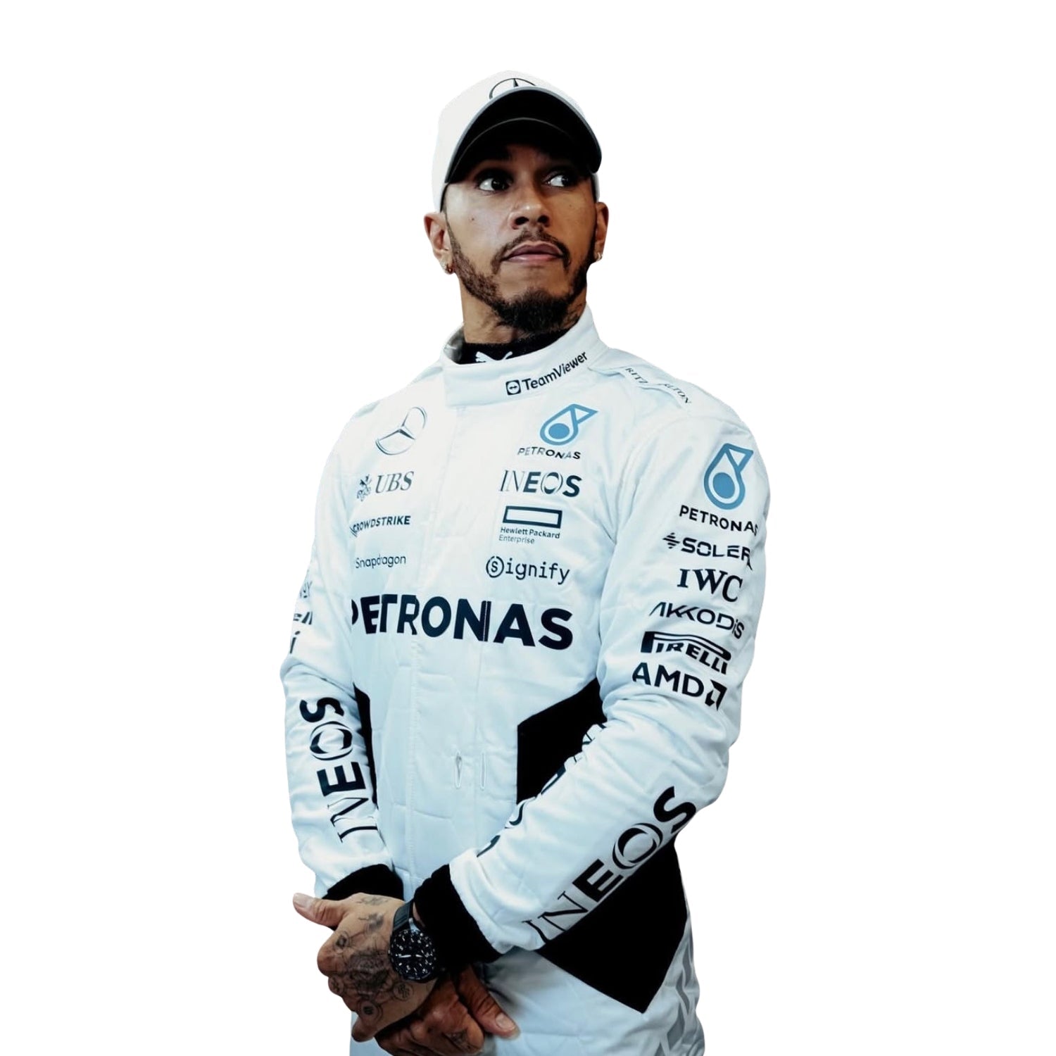Lewis Hamilton 2024 Qatar GP F1 suit logo and stitching details close-up