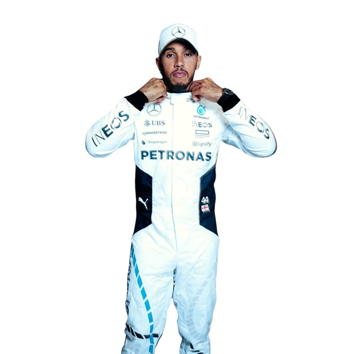 Lewis Hamilton 2024 Qatar GP F1 suit logo and stitching details close-up