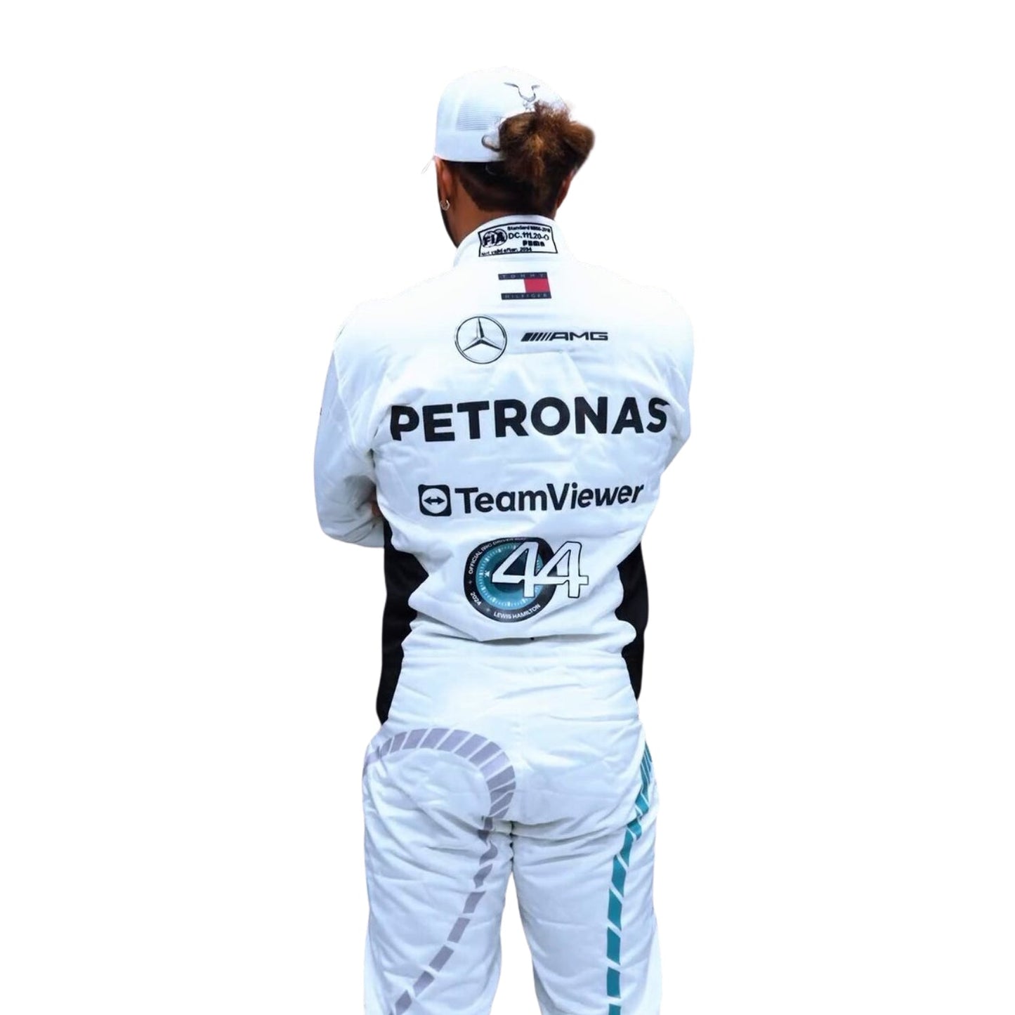 Lewis Hamilton 2024 Qatar GP white racing suit back profile showing sponsor layout
