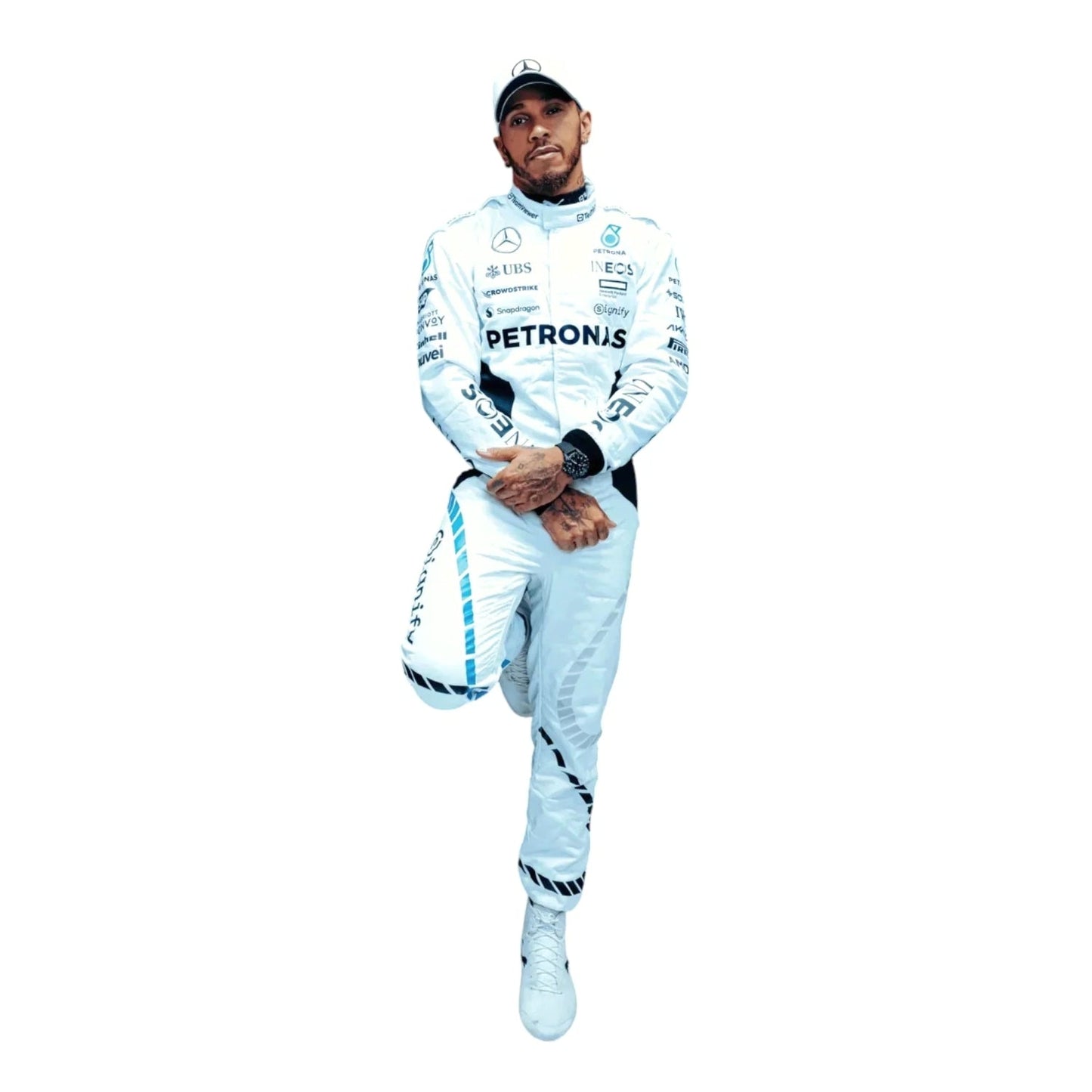 Lewis Hamilton 2024 Qatar GP white F1 racing suit front design with bold detailing