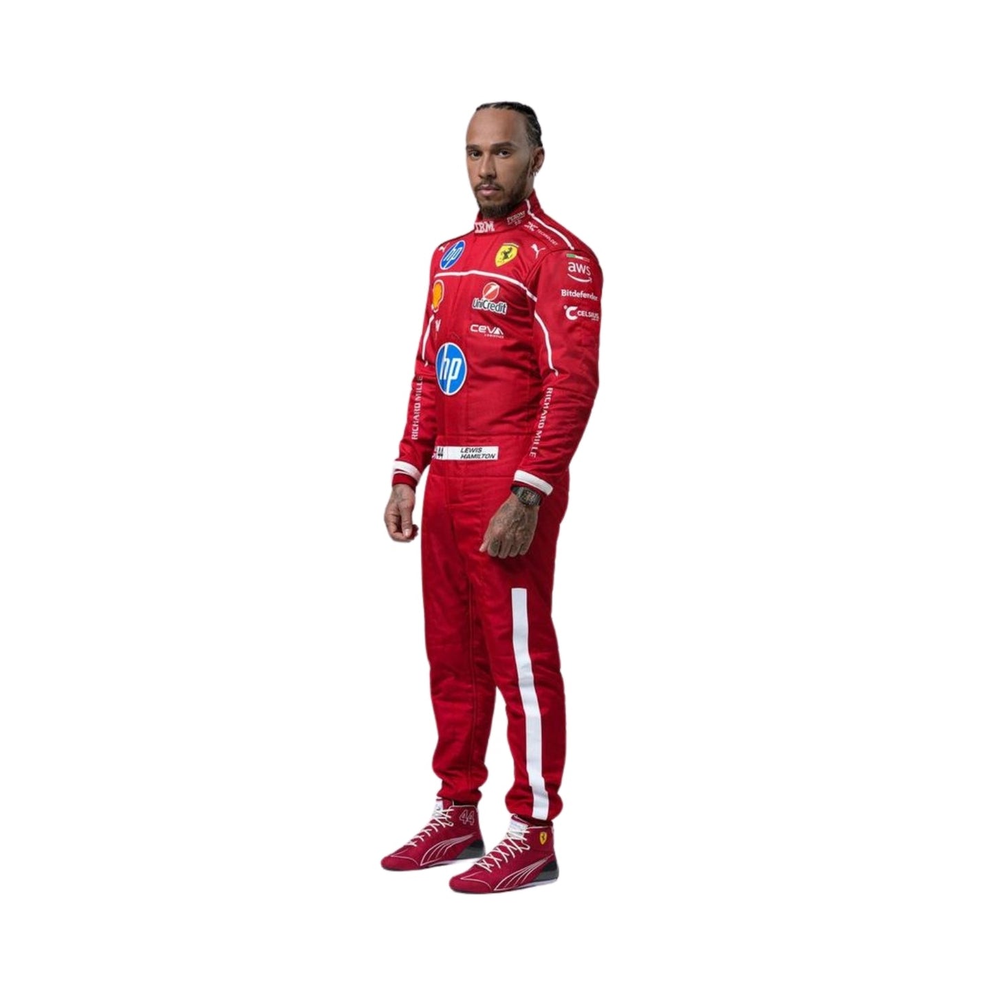 Side left profile of Lewis Hamilton 2025 F1 racing suit showcasing sleek fit, durable material, and Ferrari’s signature red and black design.

