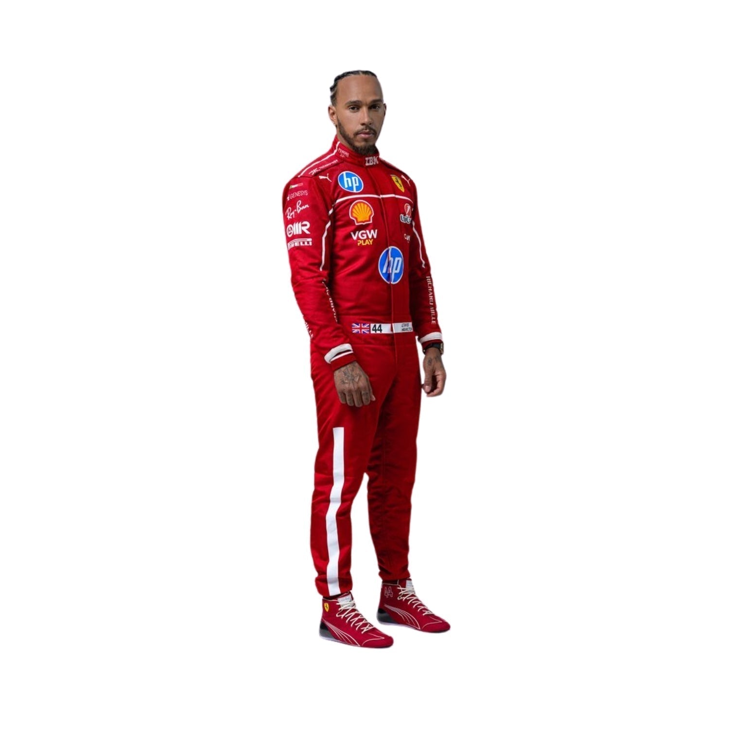 Side right  profile of Lewis Hamilton 2025 F1 racing suit showcasing sleek fit, durable material, and Ferrari’s signature red and black design.

