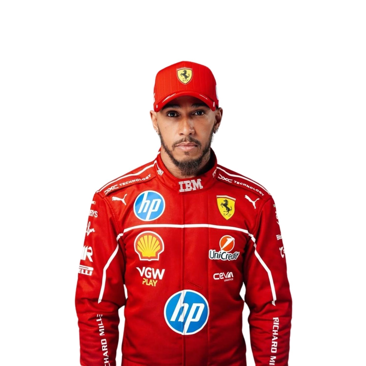 Lewis Hamilton in full action during the 2025 F1 season, wearing the red and black racing suit, showcasing his skill on the track.

