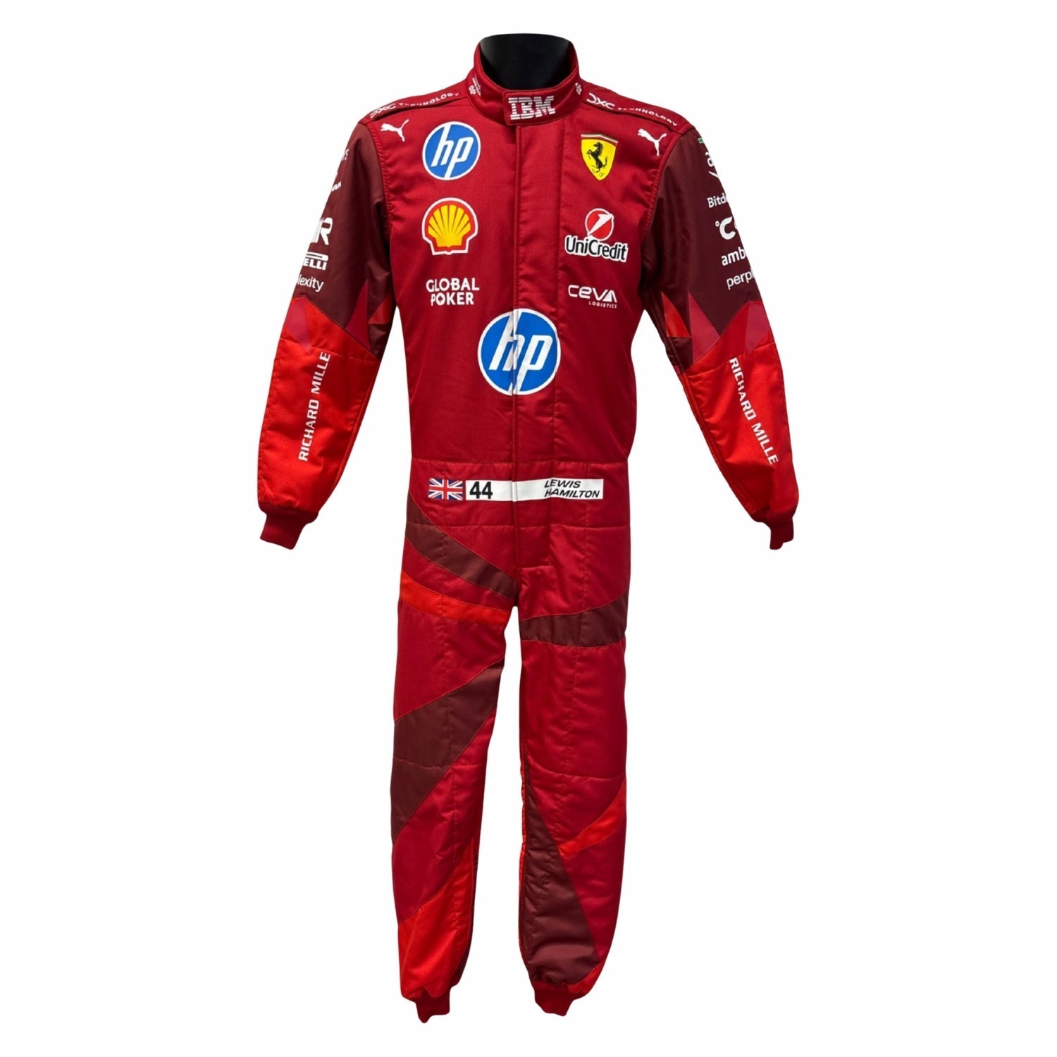 Lewis Hamilton 2025 Ferrari Red Las Vegas GP F1 racing suit with various brand logos on a white background
