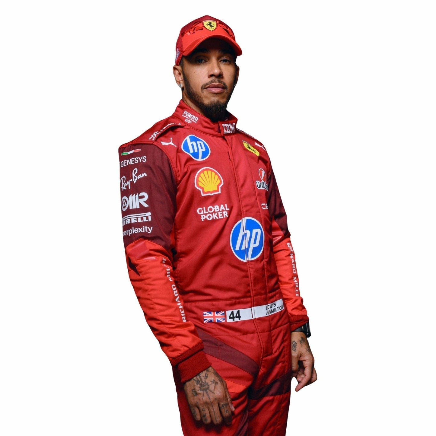 Close up side profile of Lewis Hamilton wearing a 2025 Ferrari red Las Vegas GP F1 racing suit with various sponsor logos on a white background