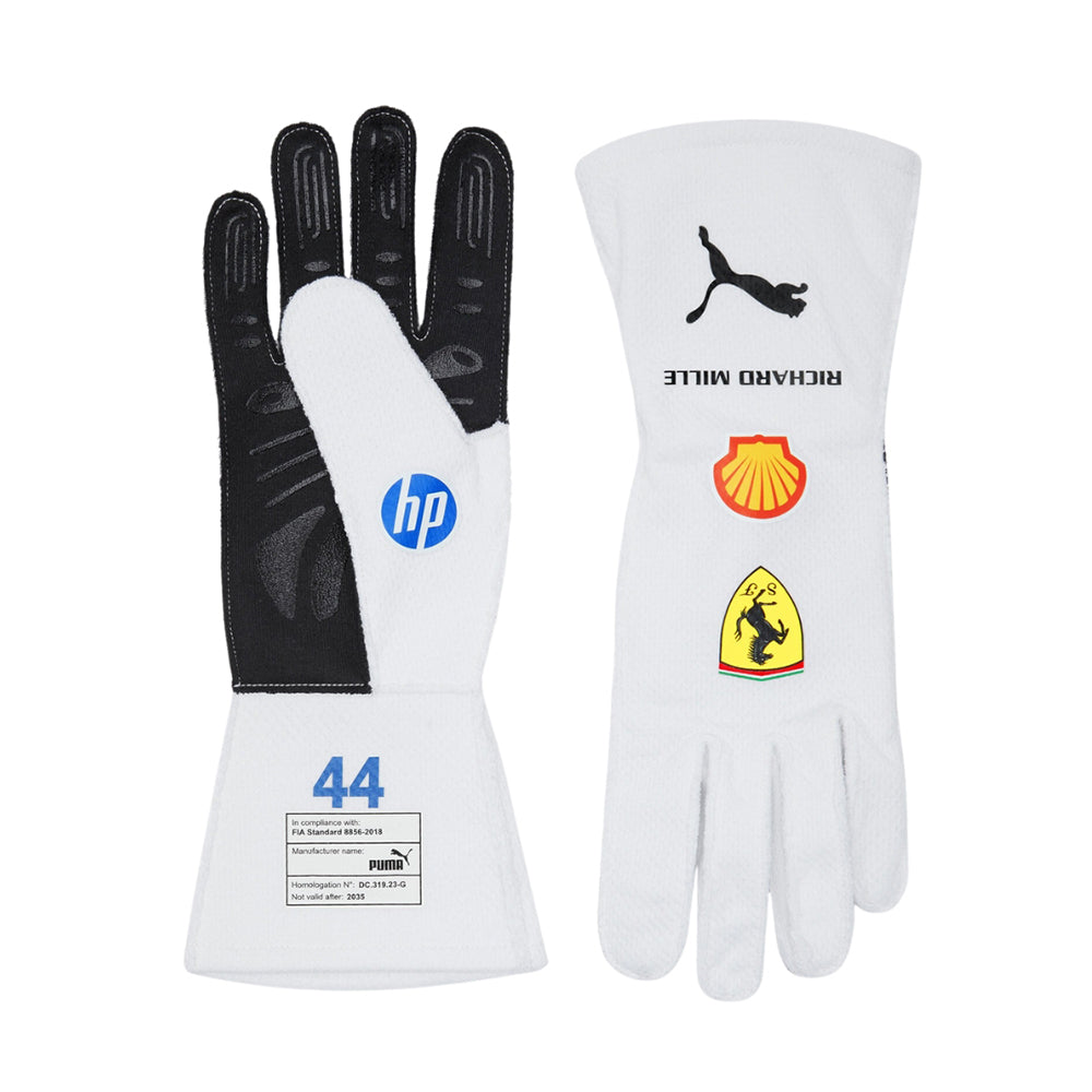 Pair of Lewis Hamilton 2025 Miami GP racing gloves with sponsor logos on a white background