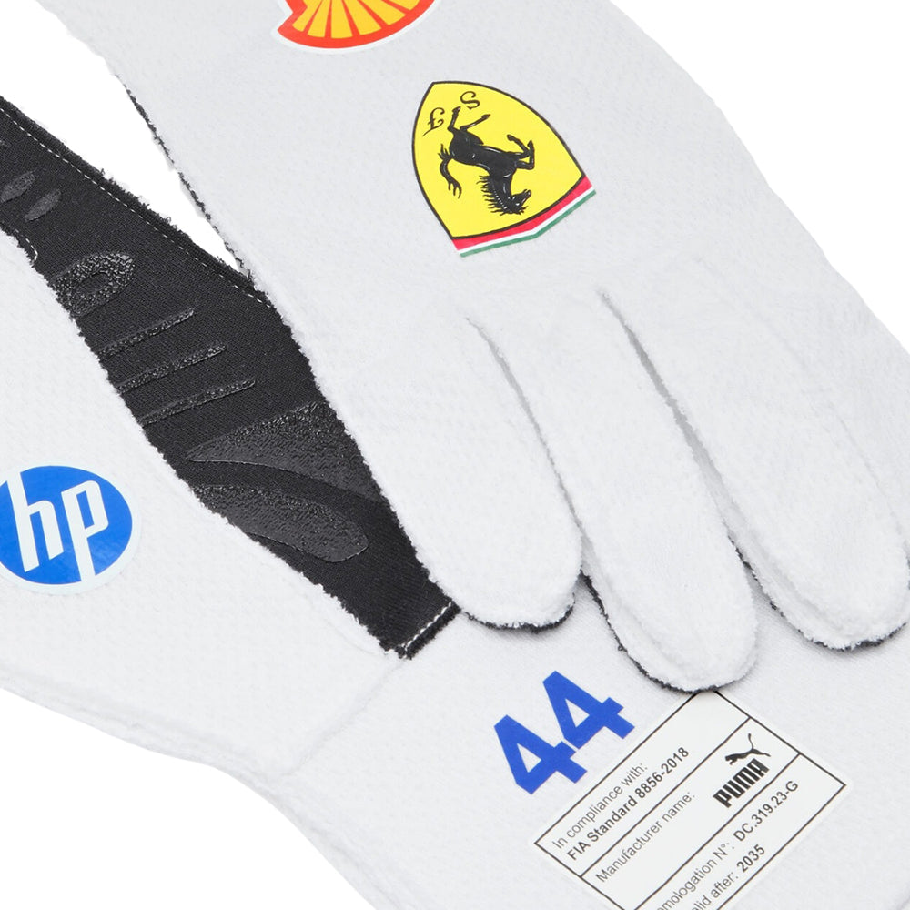 Lewis Hamilton 2025 Miami GP White racing gloves with logos of Ferrari, HP, and Puma on a white background