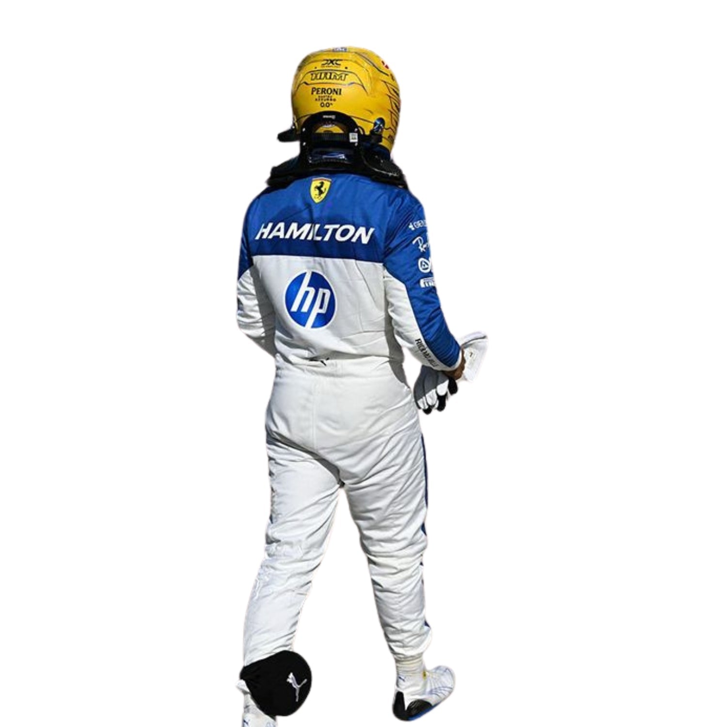 Rear view of Lewis Hamilton’s Miami GP 2025 suits featuring form-fitted tailoring, palm-themed graphics, and team branding near the lower back and collar.