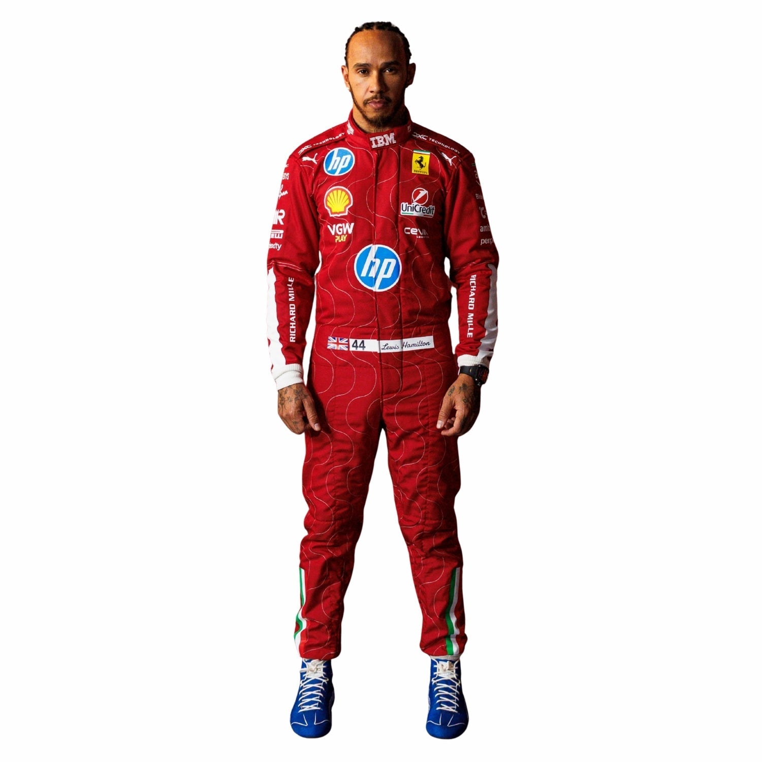 Front View of Lewis Hamilton wearing a Ferrari red Monza GP F1 racing suit with various sponsor logos on a white background