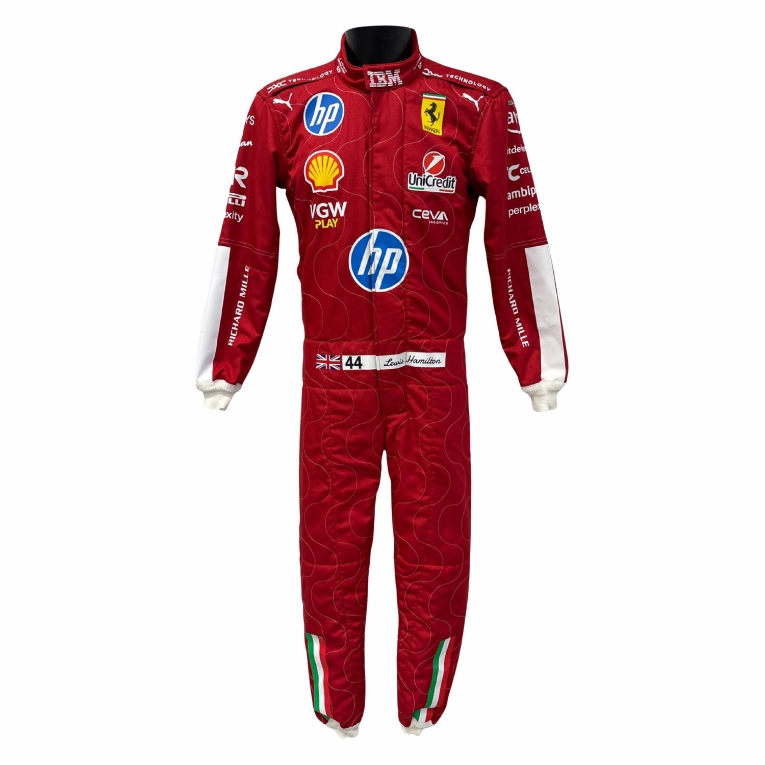 Lewis Hamilton, Ferrari Red Monza GP F1 racing suit with various sponsor logos on a white background
