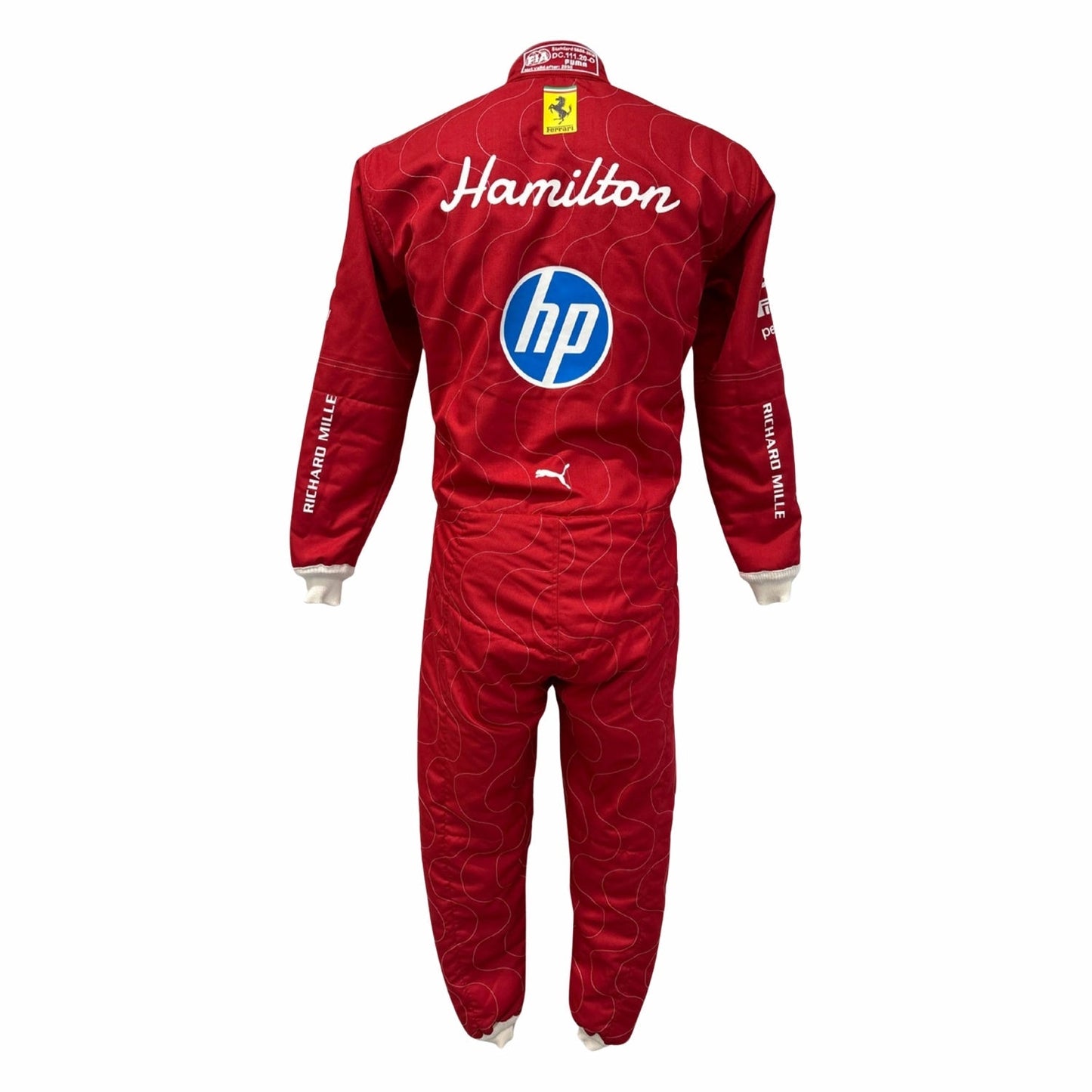 Rear View of Lewis Hamilton Ferrari Red Monza GP F1 racing suit with 'Hamilton' and 'hp' logos on a white background