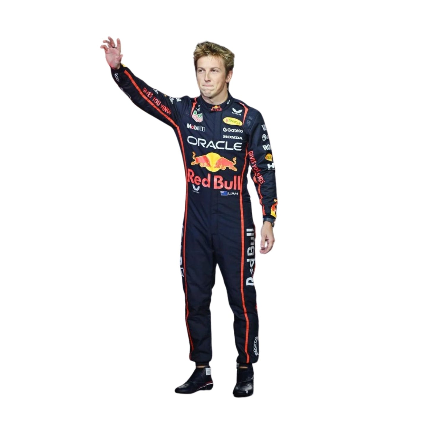 Front profile of Liam Lawson 2025 F1 racing suit showcasing its sleek fit, durable material, and vibrant Red Bull color accents.