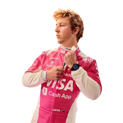 Side profile of Liam Lawson wearing his Miami GP suit, showing streamlined contours and performance-driven design.