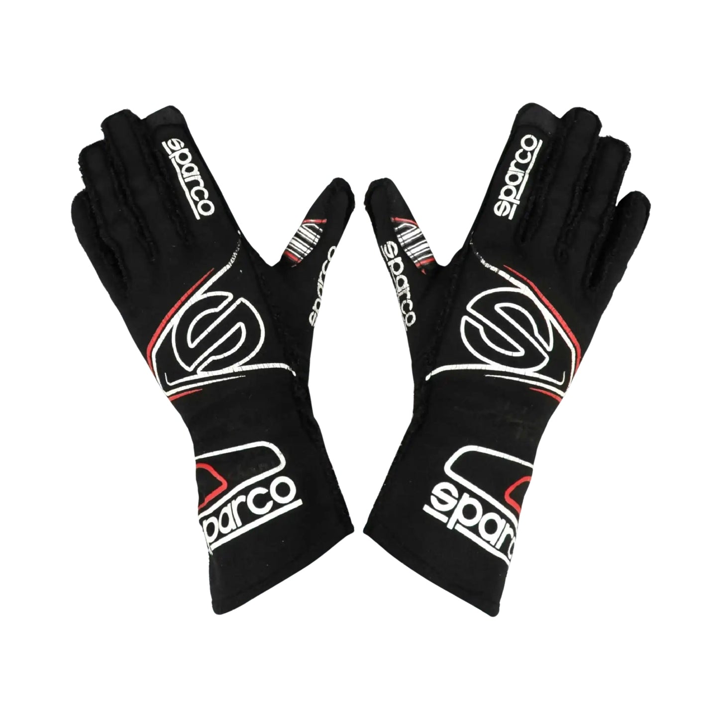 Pair of black Linus Lunqvist 2022 Indy Lights Racing gloves with Sparco logo on a white background