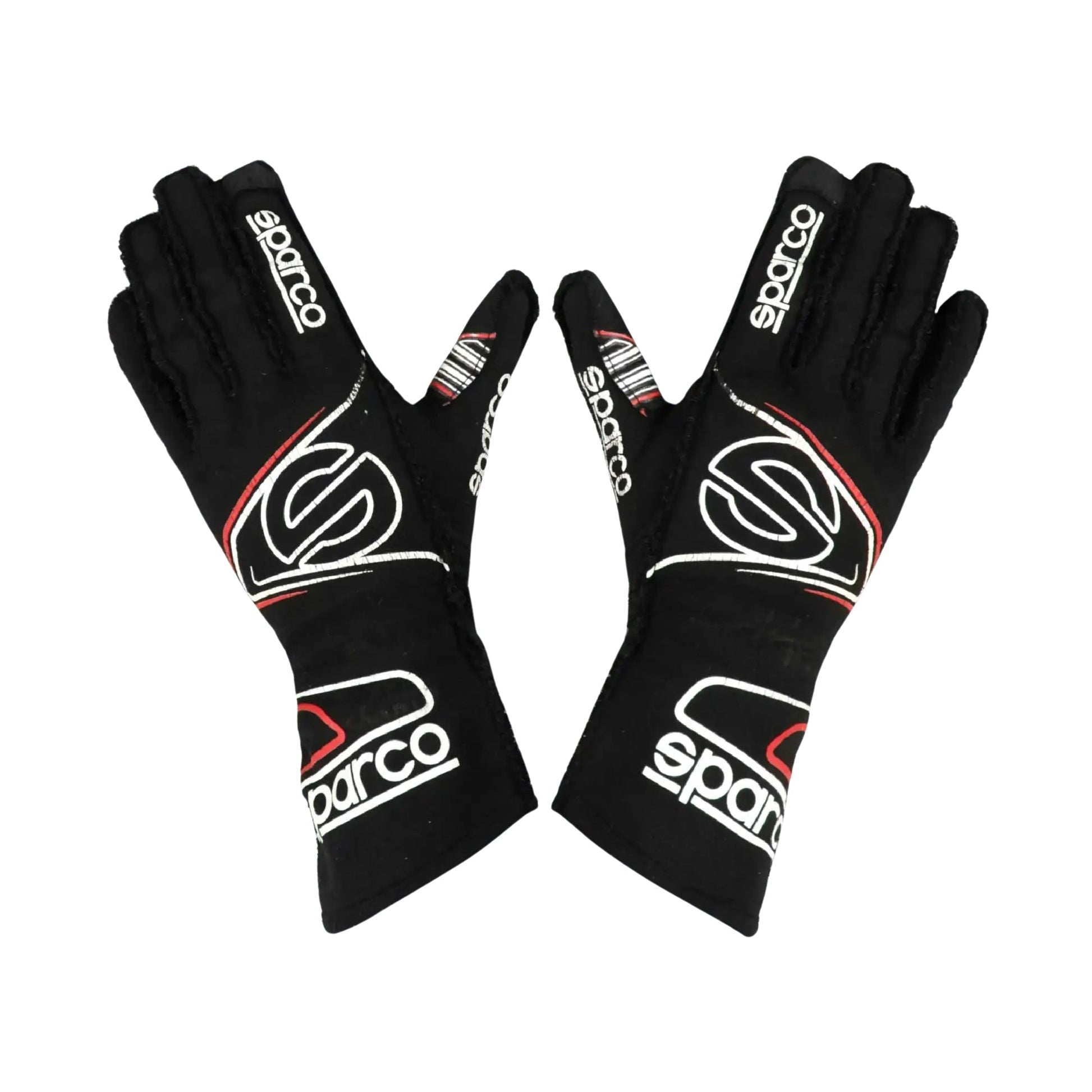 Pair of black Linus Lunqvist 2022 Indy Lights Racing gloves with Sparco logo on a white background